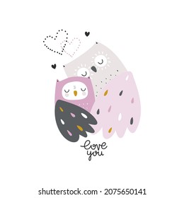 Cute mom and baby owl hugging. Creative cartoon owl birds isolated. Vector illustration.