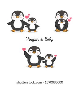 Cute mom and baby penguin cartoon.