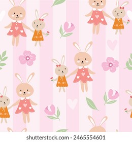 Cute mom and baby rabbit bunny with flower seamless pattern