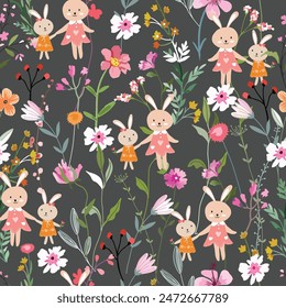 Cute mom and baby rabbit bunny having fun in flower garden seamless pattern