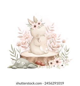 Cute Mom and Baby Rabbit Sit on Log with Flowers and Leaves