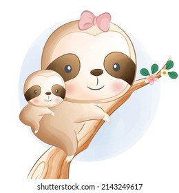 Cute mom and baby sloth watercolor illustration