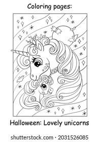 Cute mom and baby unicorn hug on background of starry night sky with moon. Halloween concept. Coloring book page for children. Vector cartoon illustration. For coloring, print, game, decor, design