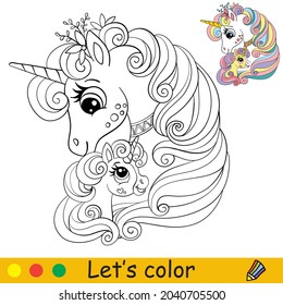 Cute mom and baby unicorns. Coloring book page for children with colorful template. Vector cartoon illustration. For education, print, game, decor, puzzle,design