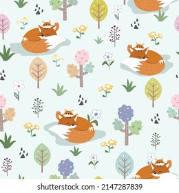 Cute Mom And Baby Wolf Fox In Sweet Forest Cartoon Seamless Pattern