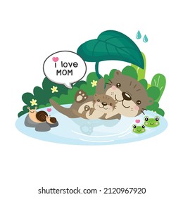  Cute mom and bay  Otter floats on river.  Mother's Day card. 