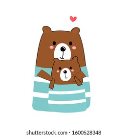 Cute mom bear and her baby with heart isolated on white background vector illustration. Funny cartoon character.