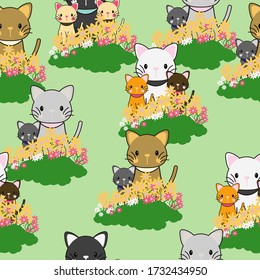 Cute Mom Cat With Puppies Vector Pattern Seamless