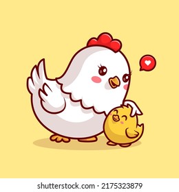 Cute Mom Chicken And Chick Cartoon Vector Icon Illustration. Animal Nature Icon Concept Isolated Premium Vector. Flat Cartoon Style