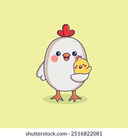 Cute Mom Chicken And Chick Cartoon Vector Illustration.