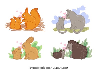 Cute mom and child animal characters vector illustrations set. Adult hare, bunny or rabbit, cat cartoon characters with babies on white background. Pets, farm, wildlife, family concept for game design
