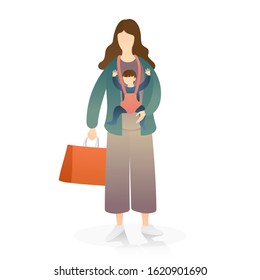 cute mom with child in baby sling while holding a shopping bag. healthy baby, newborn, happy family, and happy motherhood. flat vector illustration