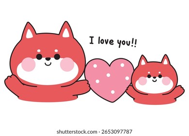 Raposa mãe bonito e bebê segurar grande heart.I amo you.Mother day.Wild personagem animal desenho animado.Kawaii.Vetor.Ilustração.