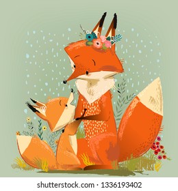 cute mom fox and her kid  Vector illustration