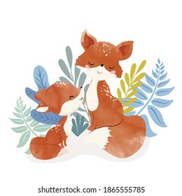 cute mom fox with her kid, vector illustration, children artworks