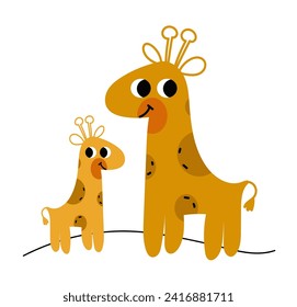 Mamá linda Giraffe con su bebé. Ilustración de dibujos animados planos de la familia Giraffe.