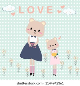 cute mom and girl teddy bear cartoon,illustration vector polka dot background,by freehand doodle comic art