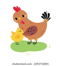 Mamá linda abrazando su ilustración vectorial de dibujos animados de pollo