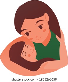 Cute mom and her daughter hug vector illustration