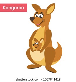 Cute mom kangaroo and kangaroo child in her bag. Cartoon character on a white background. Flat style. Vector illustration. 