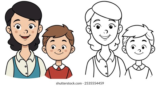 Linda mamá y niño en el día de la madre Dibujos animados para colorear para niños