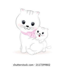 Cute Mom and little cat animal cartoon illustration