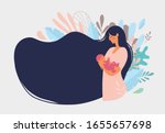 Cute mom with a newborn. The concept of motherhood, family. Flat design with copy space. Happy woman hugs toddler, long hair on a background of blue leaves. Vector illustration on a white background