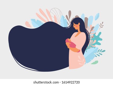 Cute mom with a newborn. The concept of motherhood, family. Flat design with copy space. Side view of a happy woman with long hair on a background of blue leaves. Vector illustration on a white