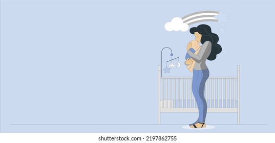 Cute mom with a newborn. The concept of motherhood, family. Flat design with copy space. Happy woman hugs toddler, long hair on a background of blue leaves. Vector illustration on a blue background