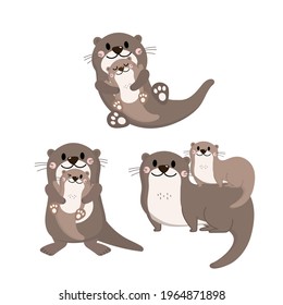 Cute mom otter and baby vector. Happy mother's day character. Animal wildlife cartoon set.