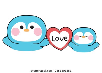Pinguim da mãe bonito e bebê seguram grande heart.Mother day.Love mom.Arctic,polar,norte pole.Bird desenho animado personagem animal.Kawaii.Vetor.Illustration.