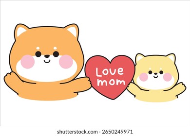 Cute mom shiba inu dog and baby hold big heart.Mother day.Love mom.Japanese pet animal character cartoon design.Kawaii.Vector.Illustration.