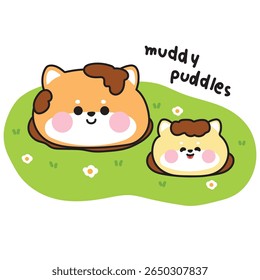 Cute mom shiba inu dog and baby stay in muddy puddles.Flower garden.Fun time.Mother day.Love.Japanese pet animal character cartoon design.Kawaii.Vector.Illustration.