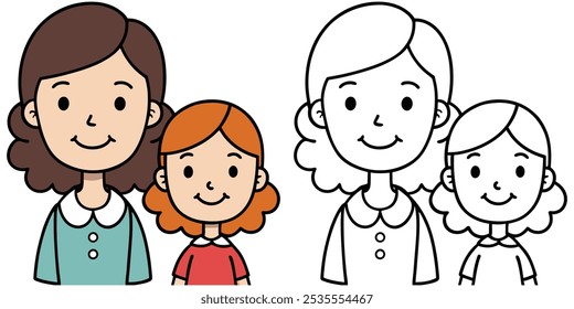 Cute Mom And Sister Smile Cartoon Coloring Page For Kids