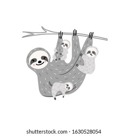 Cute mom sloth hanging on the branch holding her baby. Vector postcard for Mother's Day. 