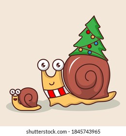 Cute mom snail with Christmas costume and kid snail