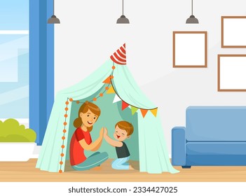 Cute Mom with Son Playing Patty-cake Sitting in Tent Having Fun Vector Illustration