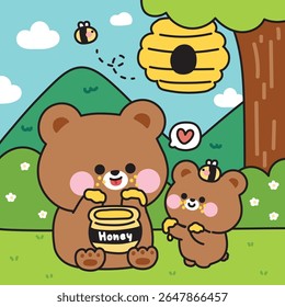 Cute mom teddy bear and baby bear eating honey stay on grass jungle background.Tree,mountain,cloud,flower,honeycombed.Mother day.Love.Heart.Wild animal character cartoon.Kawaii.Vector.Illustration.