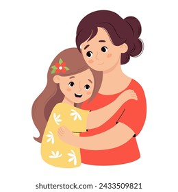 Cute Mom tenderly hugs her daughter. Vector illustration flat cartoon style. Happy female character.