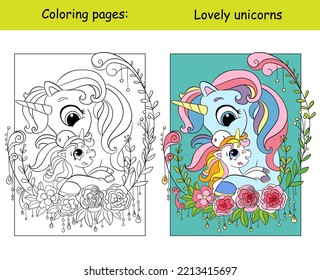 Cute mom unicorn and baby in flower wreath. Kids coloring with color template. Vector cartoon illustration isolated on white background. For education, print, game, decor, puzzle, design