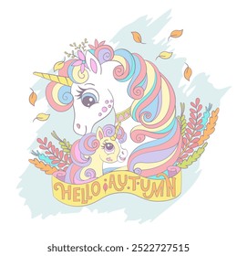 Cute mom unicorn and foal with plants. Cartoon vector illustration in trendy soft colors. Halloween card. Lettering Hello Autumn. For print, card, invitation, sublimation, t shirt, clothes design