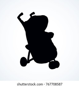 Cute mom walk sedentary calash waggon on white backdrop. Freehand line black ink hand drawn picture logo emblem design sketchy in art modern doodle style pen on paper. Closeup view with space for text