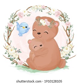 Cute mommy and baby bear illustration in watercolor