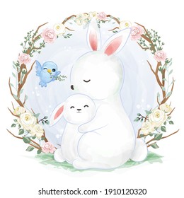 Cute mommy and baby bunny illustration in watercolor