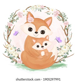 Cute Mommy And Baby Fox Illustration In Watercolor