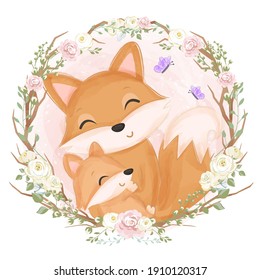 Cute mommy   baby fox illustration in watercolor