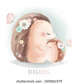 Cute Mommy and Baby Hedgehog Hugging Together