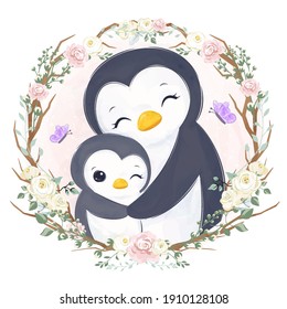 Cute Mommy And Baby Penguin Illustration In Watercolor