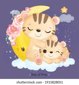 Cute Mommy And Baby Tiger Illustration In Watercolor