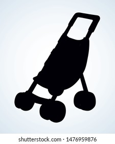 Cute mommy calash waggon shape on light backdrop. Freehand outline black ink hand drawn scion trolley logo emblem sketchy in art retro doodle contour style pen on paper space for text. Closeup view